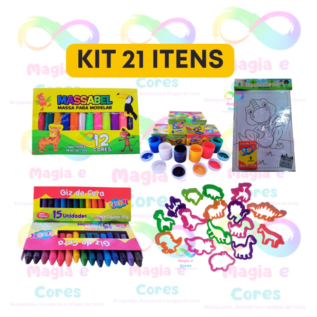 Kit (21 Itens): Massinha + Giz de Cera + Livro de Pintura + Tinta Guache + Cortador
