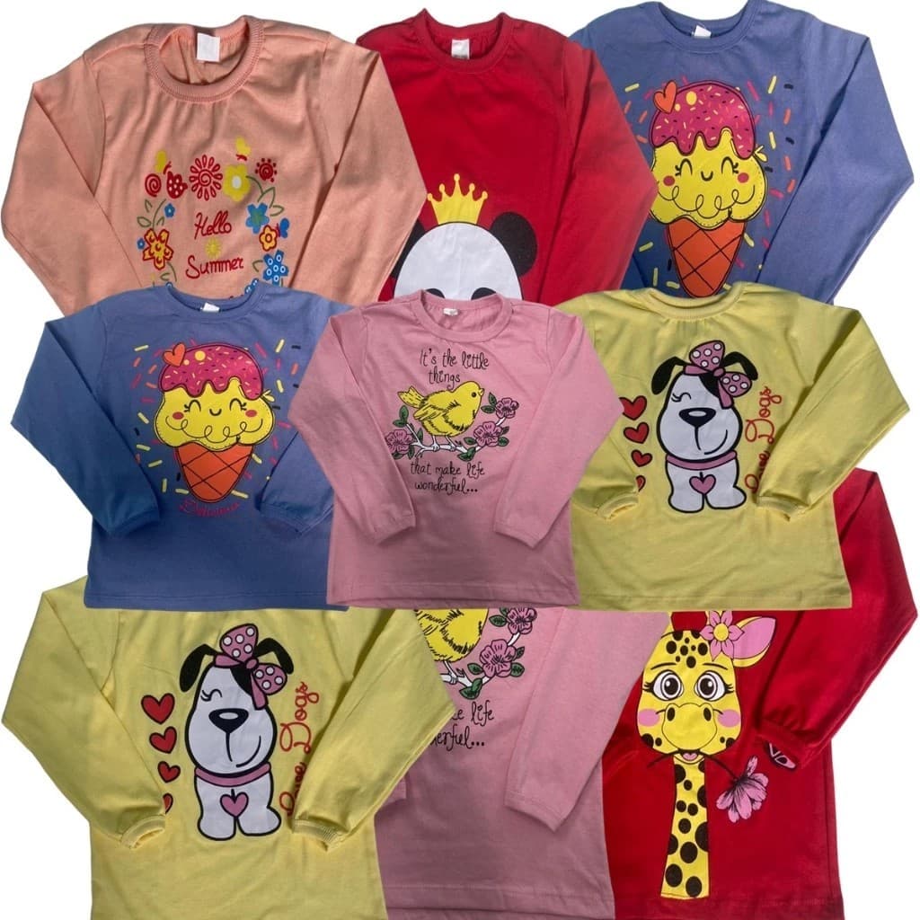 Kit 5 Camiseta Infantil Manga Longa Menina Feminino 100% Algodão Inverno 2 à 8 Anos