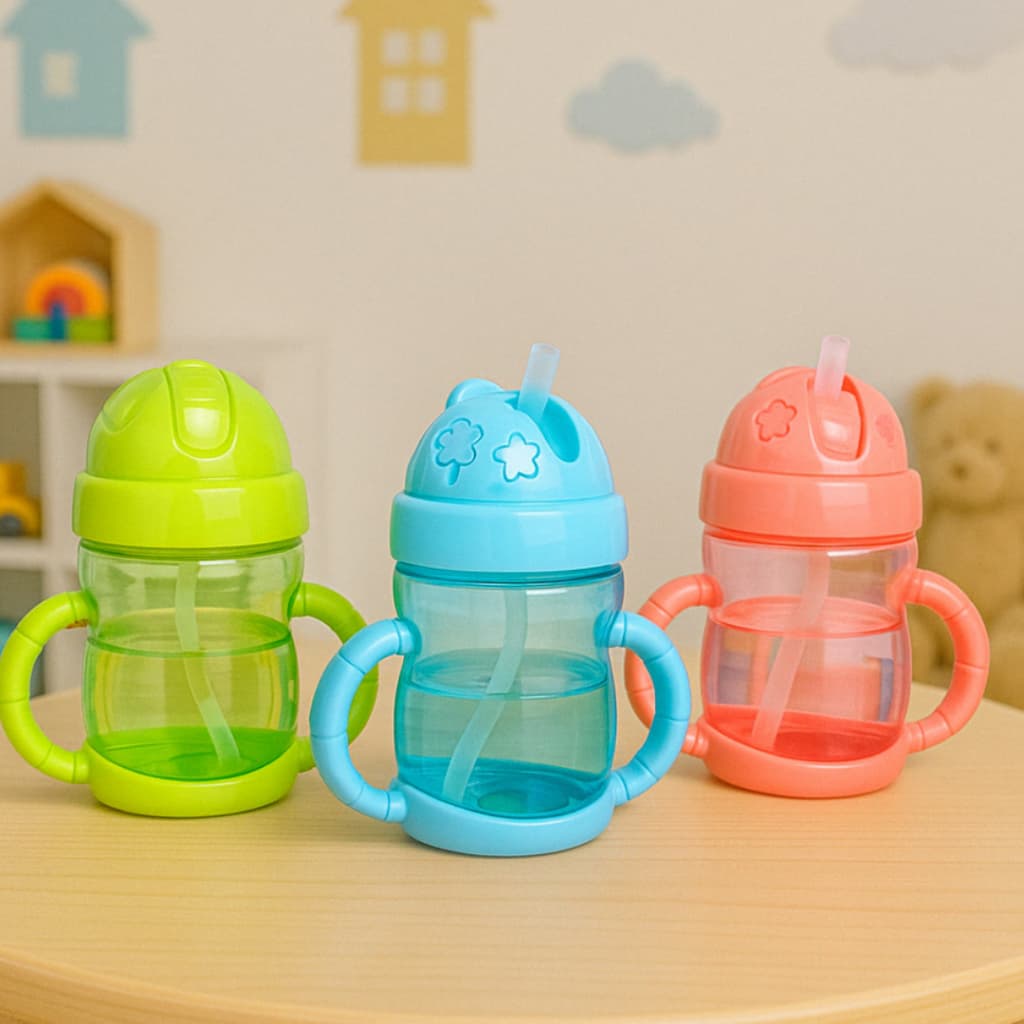 Garrafa Copo Infantil Plástico com Alça e Bico de Silicone - 220ml