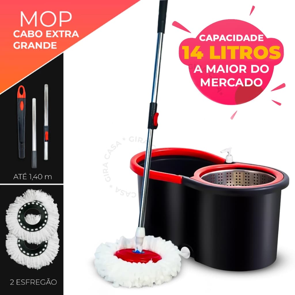 Mop Giratorio 14 litros Com cabo de 140 cm Cesto Em Inox Balde Centrífuga E Rodinhas - Com 2 Refil