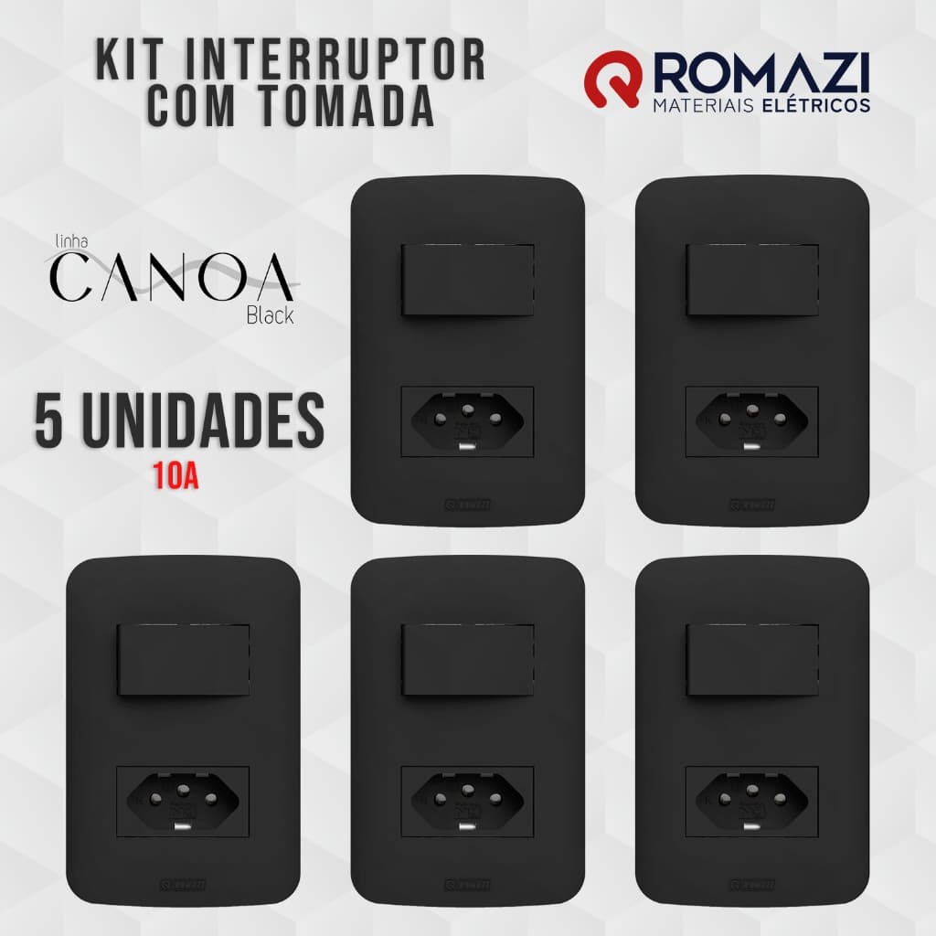 KIT 5 INTERRUPTOR + TOMADA CANOA BLACK - ROMAZI