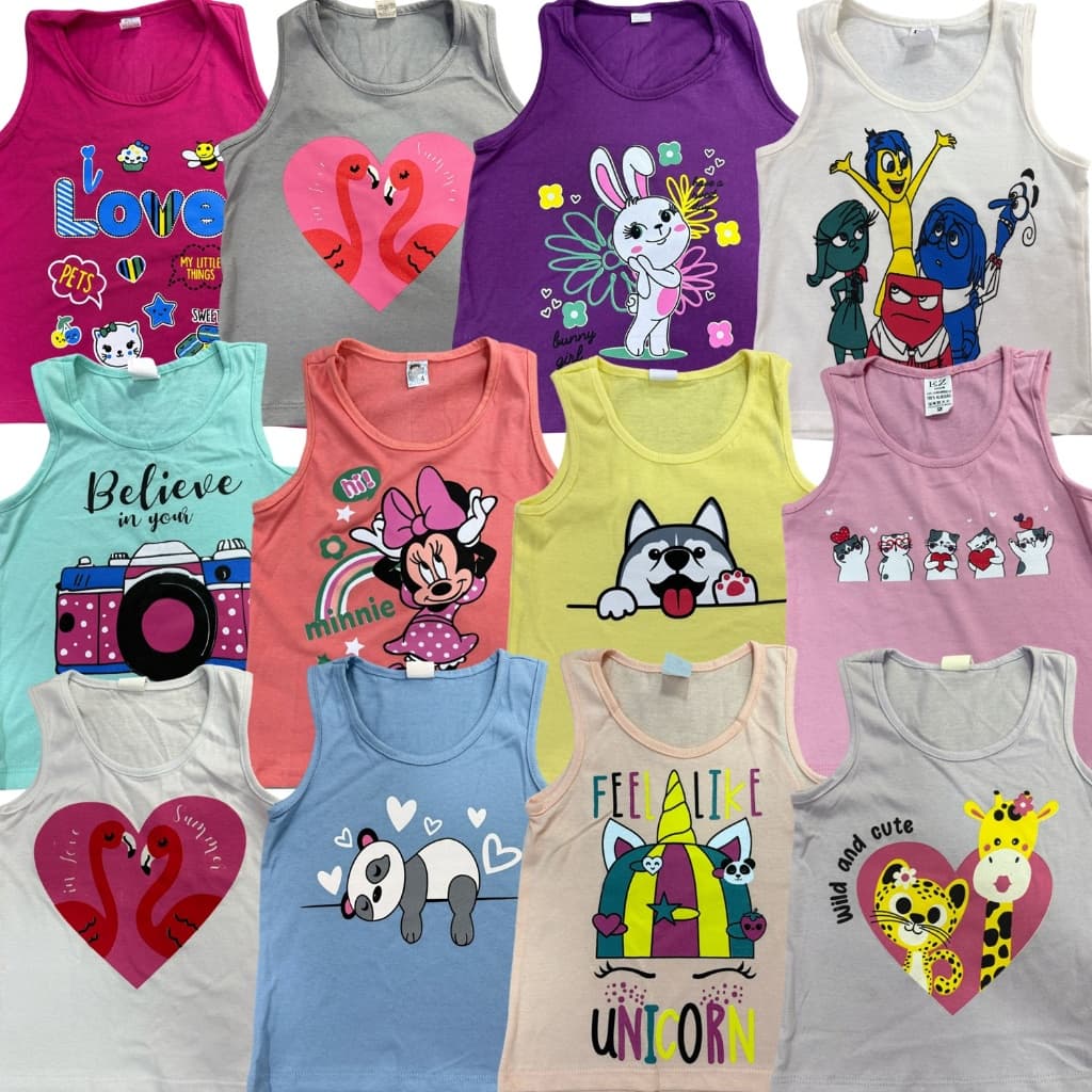 Kit 05 Camisetas Regatas Feminina Desenho Roupas Infantil  Algodão Menina