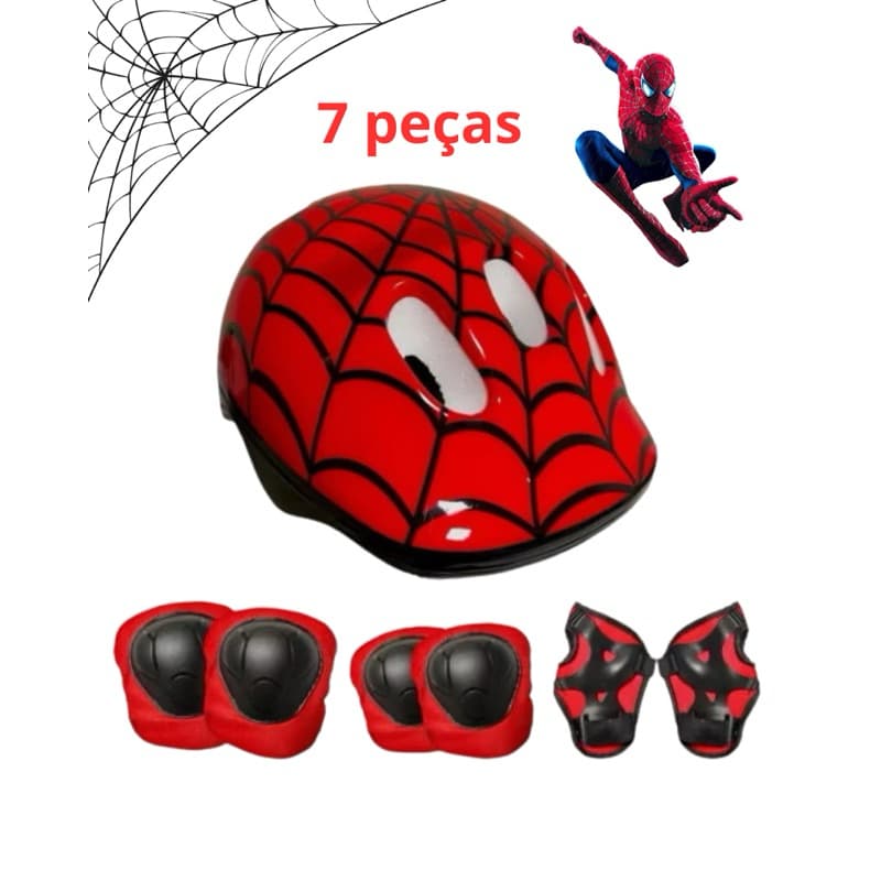 Kit Protecao Infantil Homem Aranha Vermelho Preto Capacete Joelheira Cotoveleira Bike Skate Patins