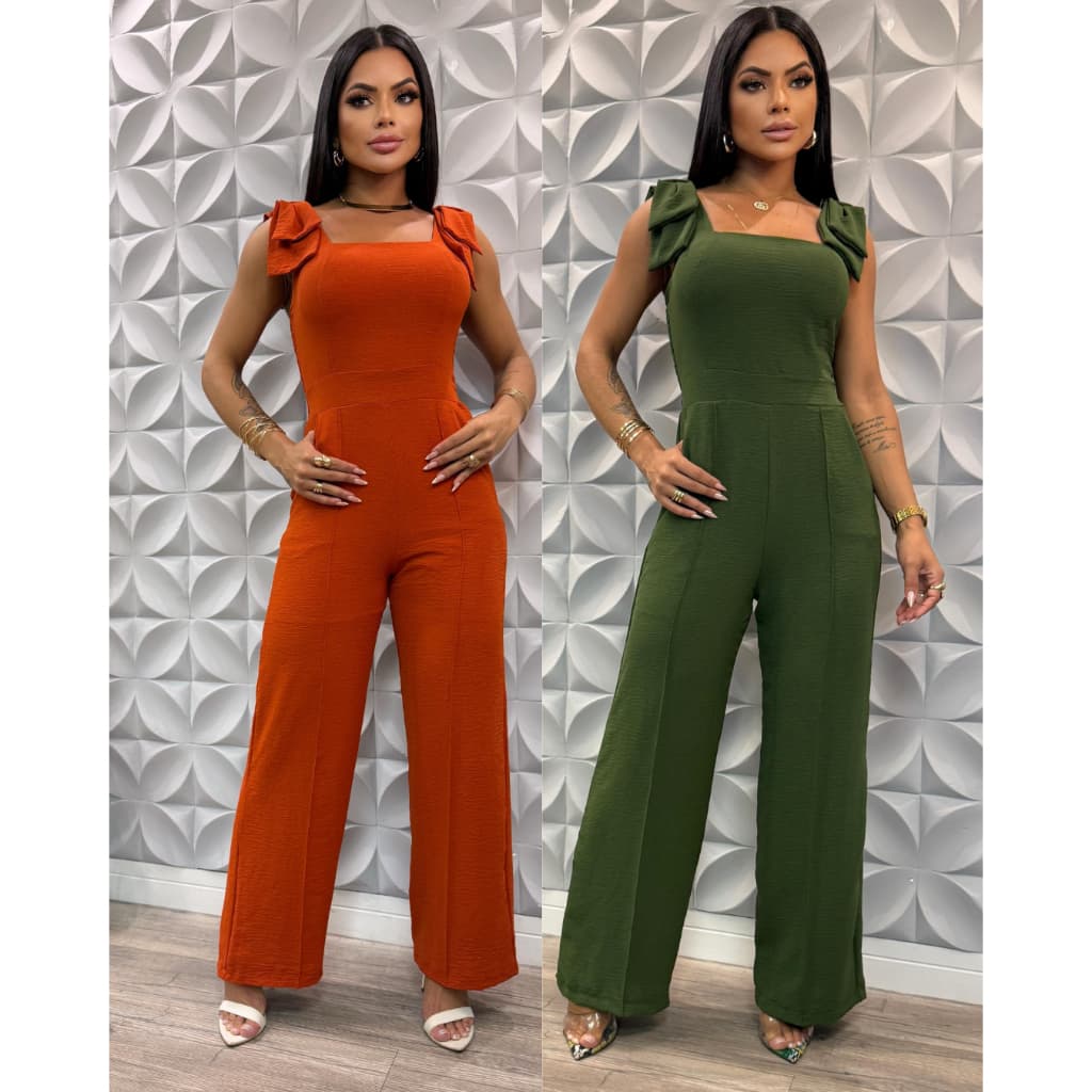 Macacão Longo Femenina Pantalona com Laço Dupla -Bolso- Bojo e Lastex nas Costas