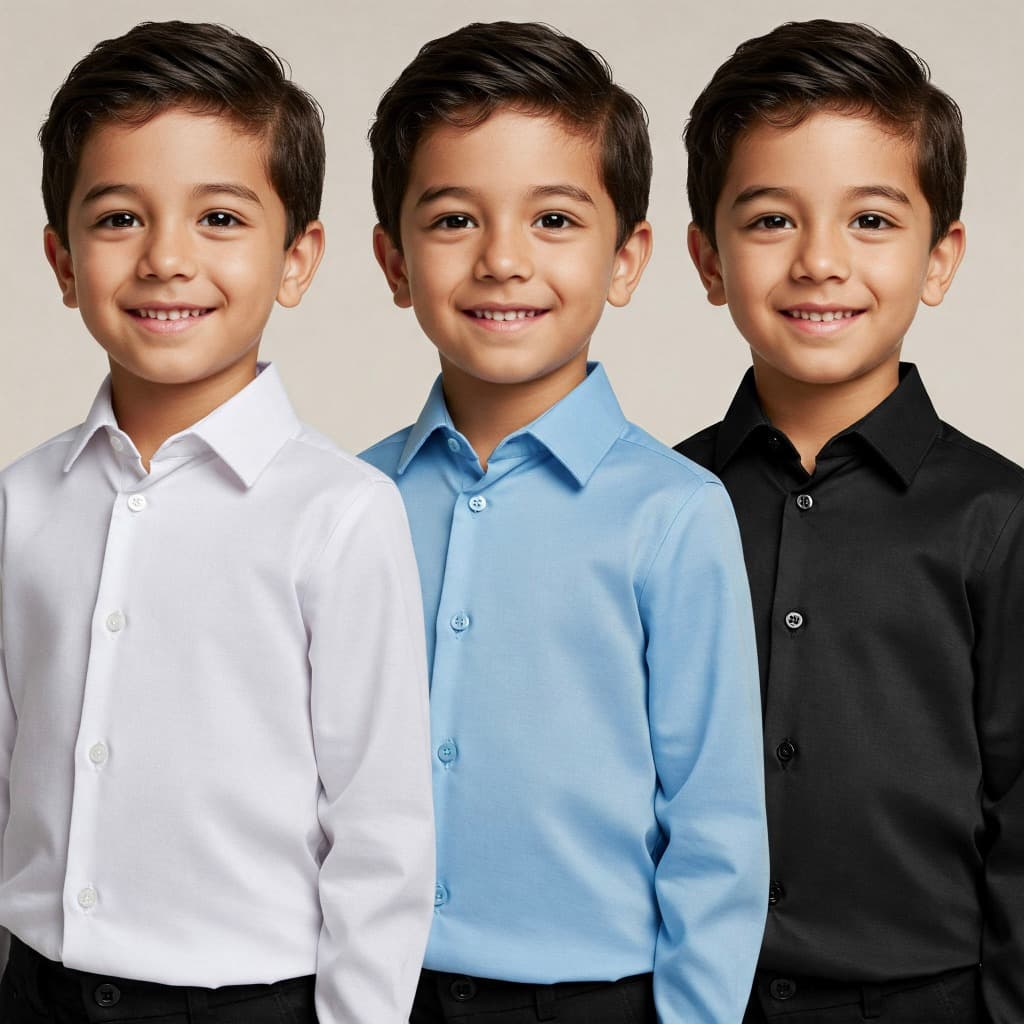 Camisa social infantil manga longa cor Preta, azul claro, branca, Tecido Confortável