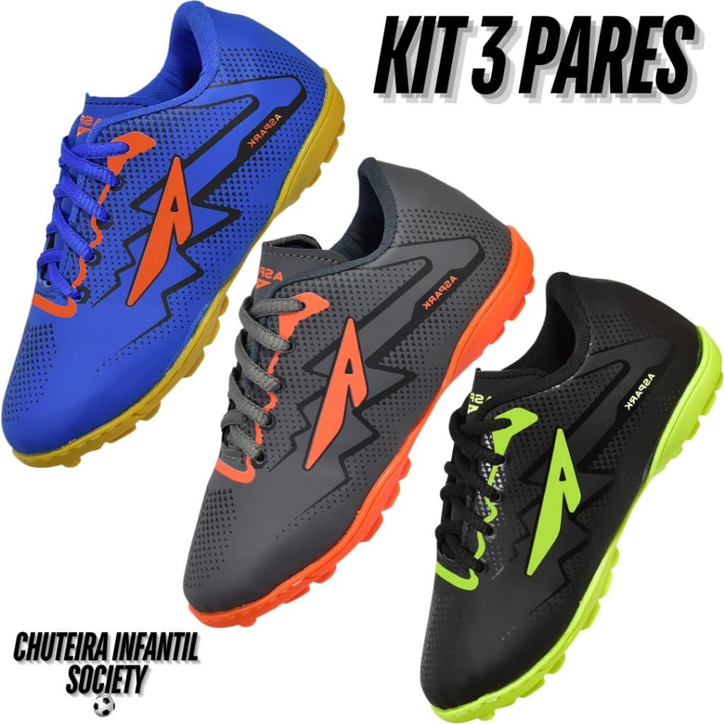 3 Pares Chuteira Society Infantil Masculino Grama Sintética Costurada Menino Envio Imediato Leve