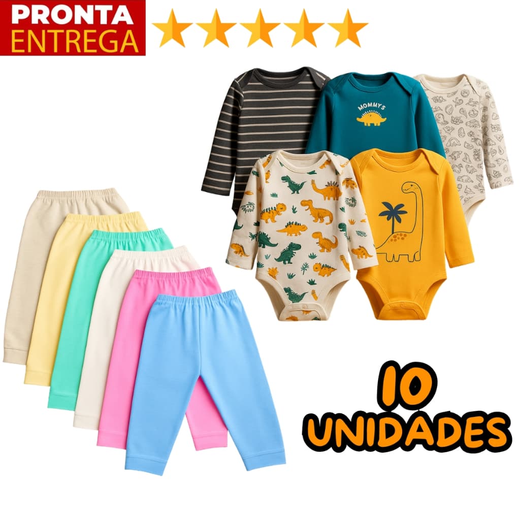 Kit 10 Peças Roupinha de Bebê Body Manga Longa Estampado e Mijão Infantil