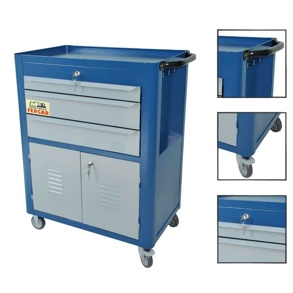Carrinho Para Ferramentas 3 Gavetas e duas Portas com rodinhas Fercar  Oficina Mecânica Studio