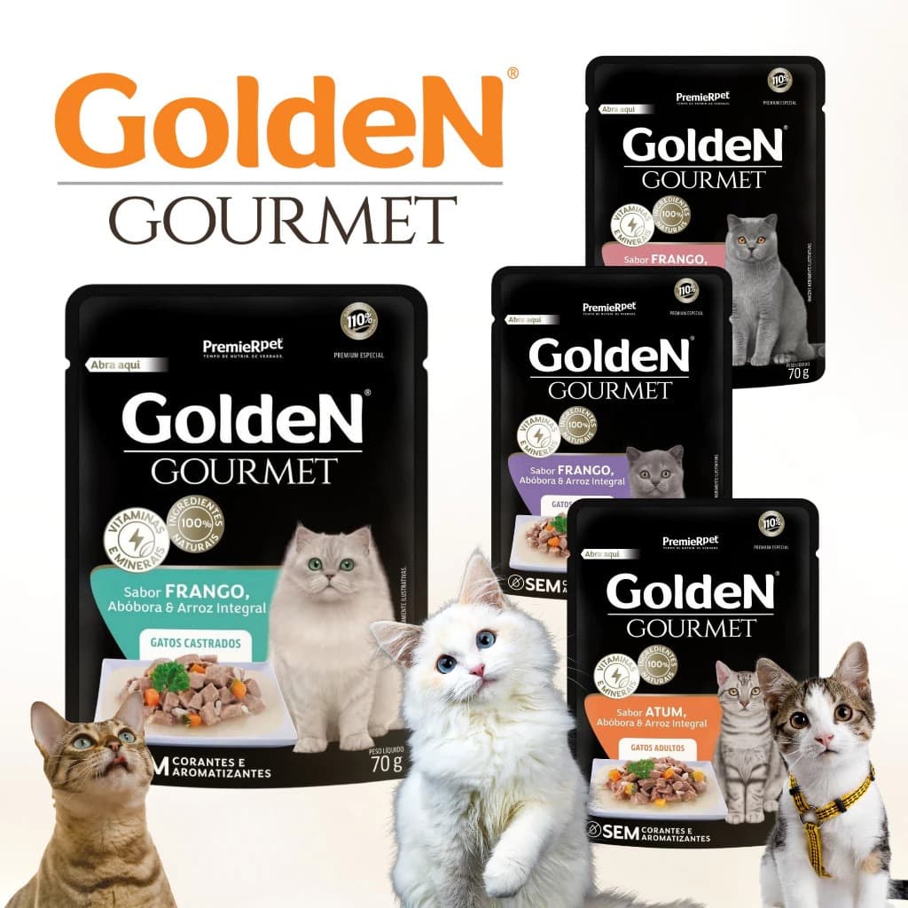 Kit com 10/15/20 unid. Sachê Golden Gourmet Ração Úmida Gatos Castrados, Adultos e Filhotes - PROMO