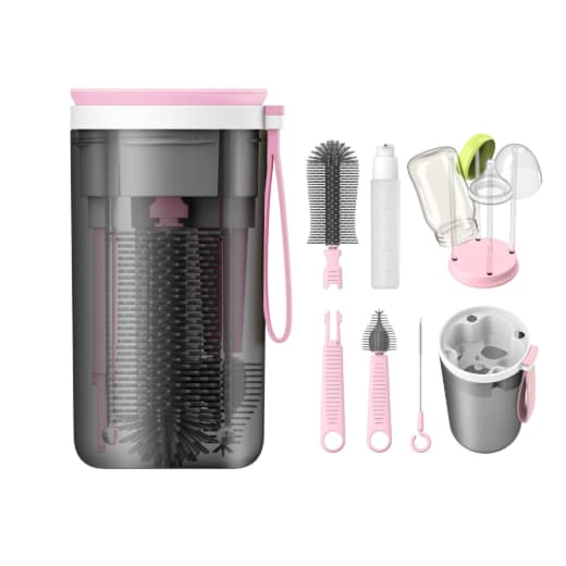 Kit Escova Higiene Lavar 4 em 1 para Copo, Garrafa, Mamadeira Portátil Viagem de Silicone e Suporte