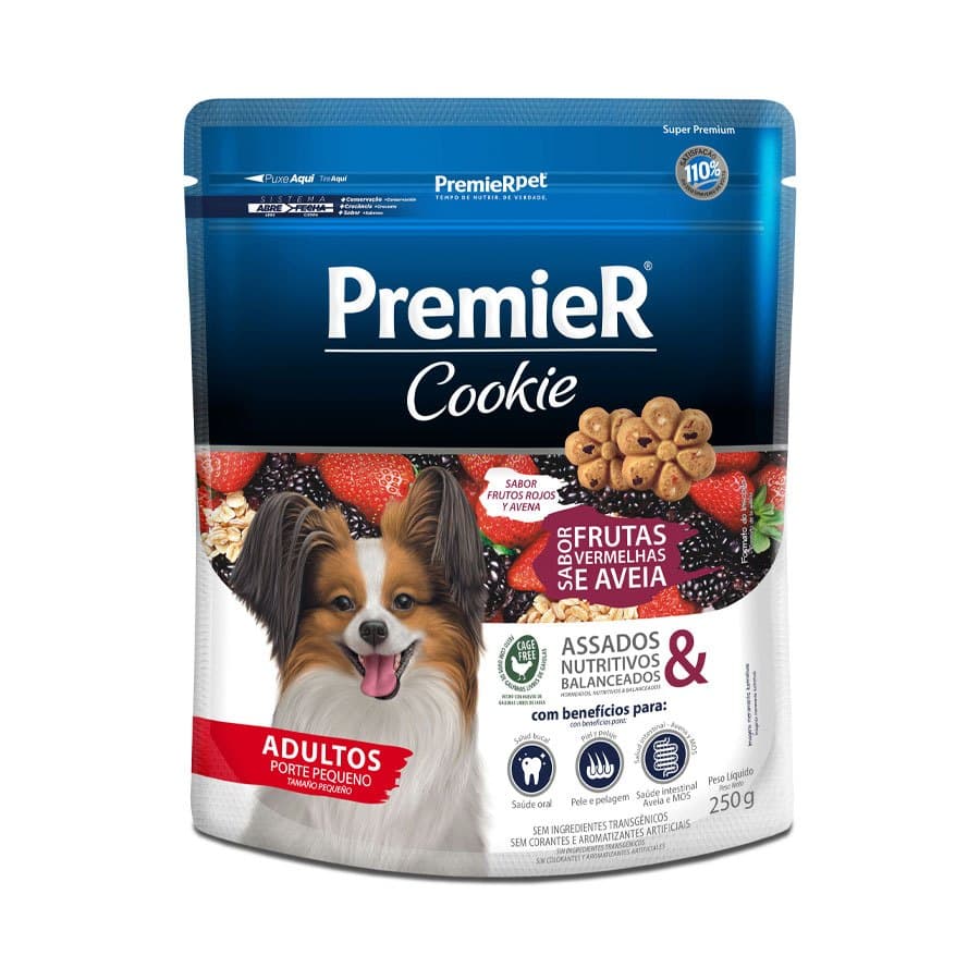 Biscoito Premier Cookie para Cães Adultos e Filhotes – Frutas Vermelhas, Coco com Aveia ou Original