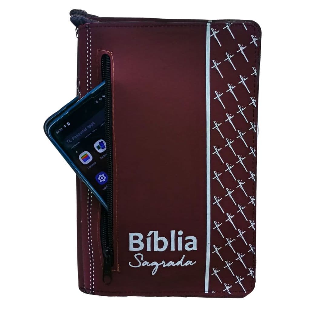 Capa para Bíblia Média com Zíper e Bolso Externo Porta Celular Couro Sintético Vinho | Nº11