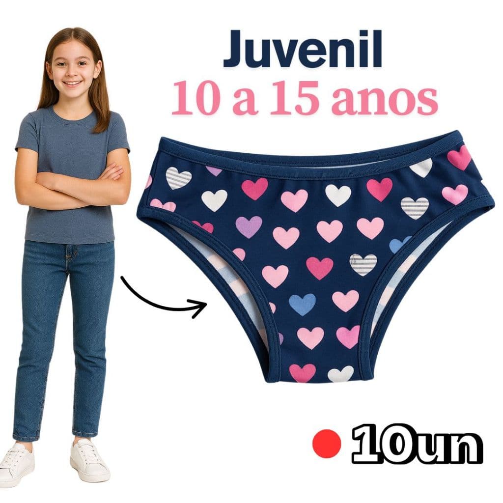 Kit 10 Calcinhas Juvenil Para Adolescente até 15 Anos Forro 100% Algodão