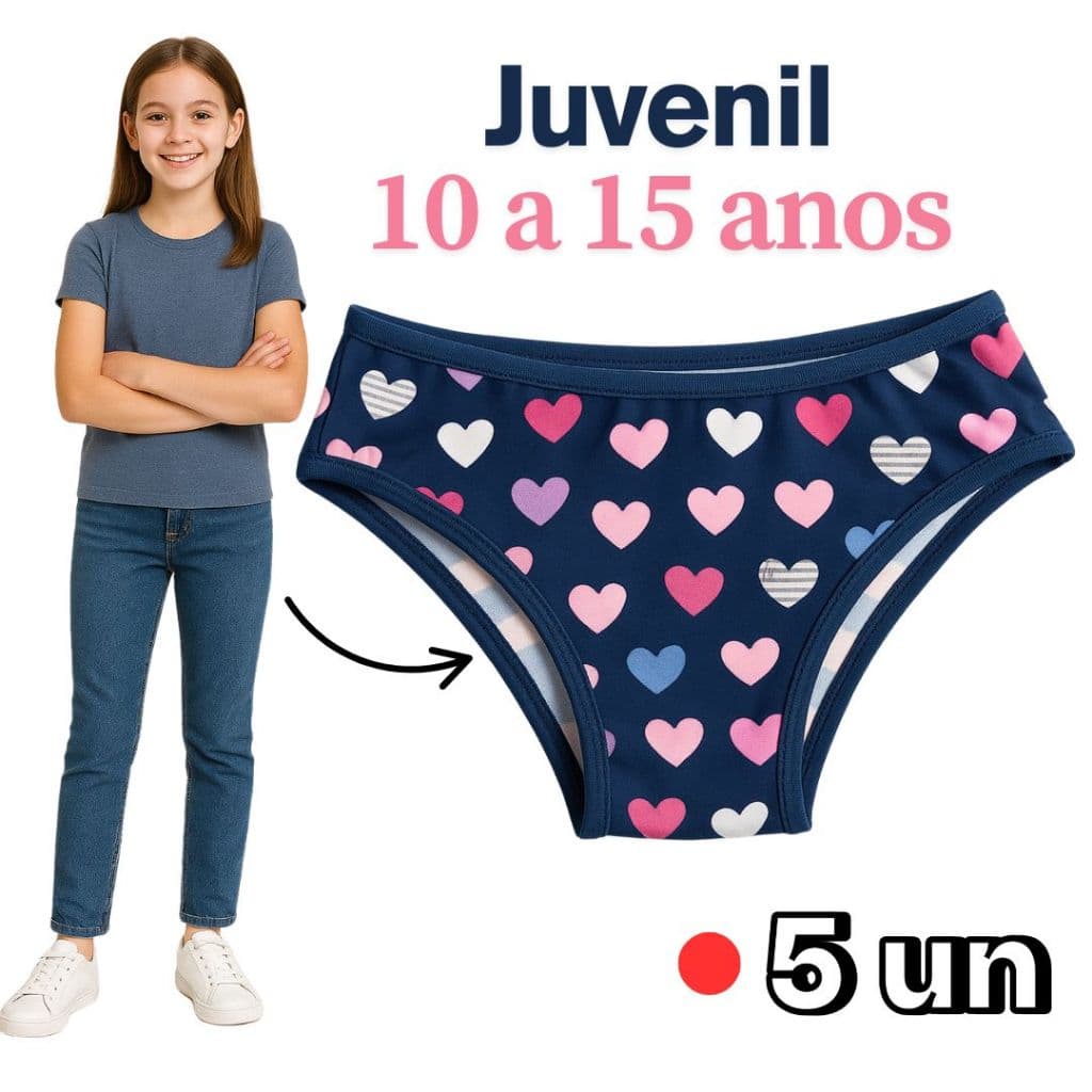 Kit 5 Calcinhas Juvenil Para Adolescente até 15 Anos Forro 100% Algodão
