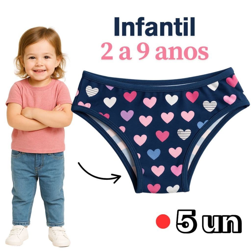 Kit 5 Calcinhas Infantis Para Meninas De 2 a 9 anos Forro 100% Algodão