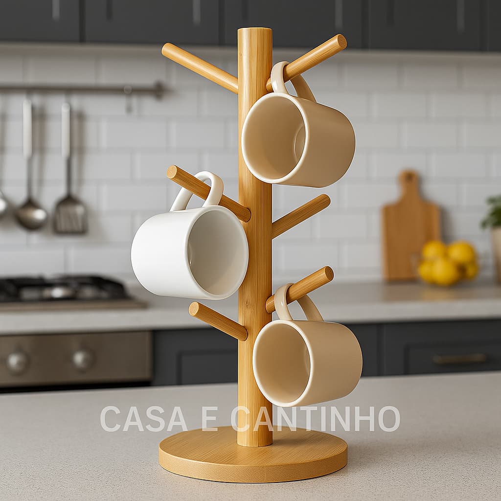 Suporte Organizador Porta Xicara Caneca ou Copo Bambu/Madeira para Cozinha Cantinho do Café Chá