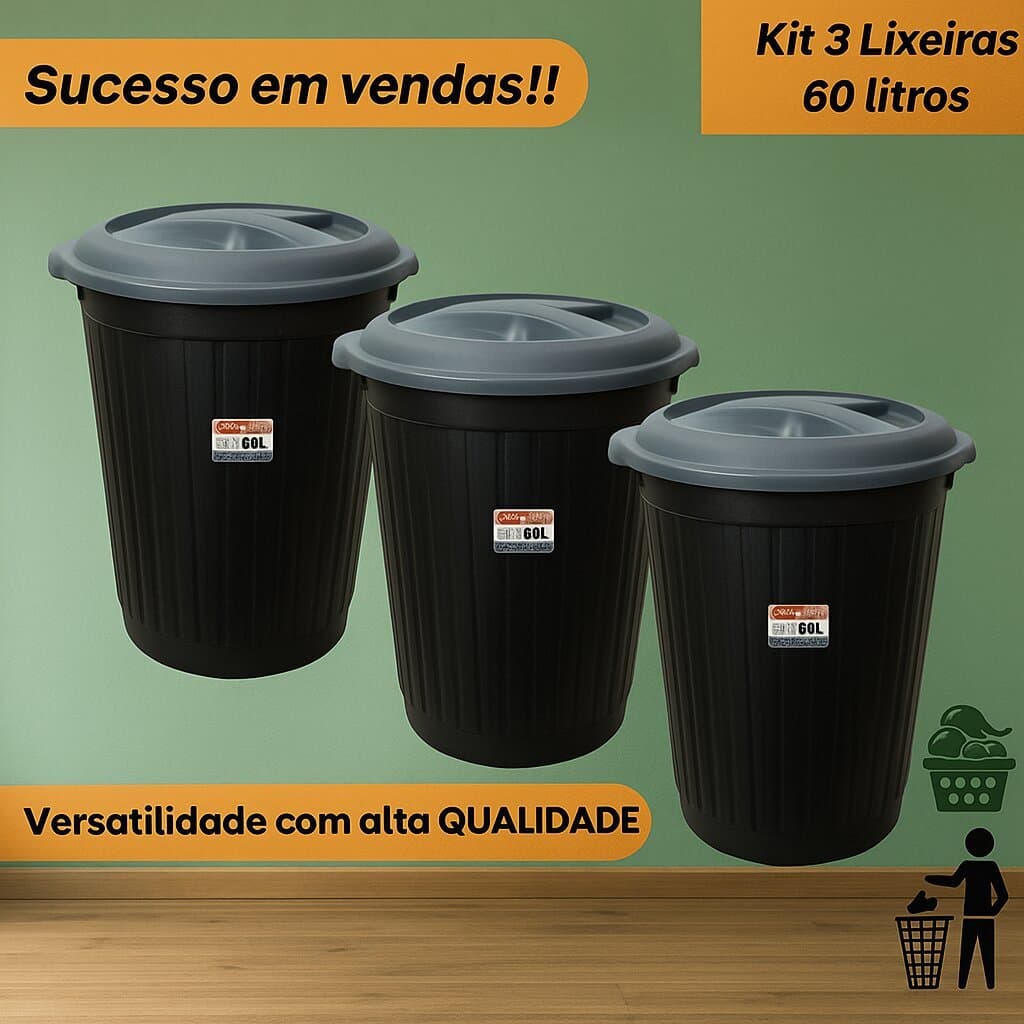 3 Lixeira de Plástico 60 Litros Cesto Organizador Lixo Roupa Suja Brinquedos Água da Máquina