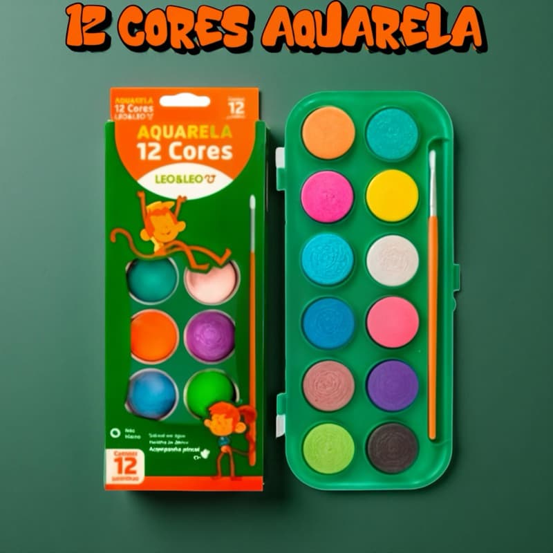 Estojo Aquarela 12 Cores Escolar Tinta e Pincel - Para Personalizar Uso Escolar e Artístico