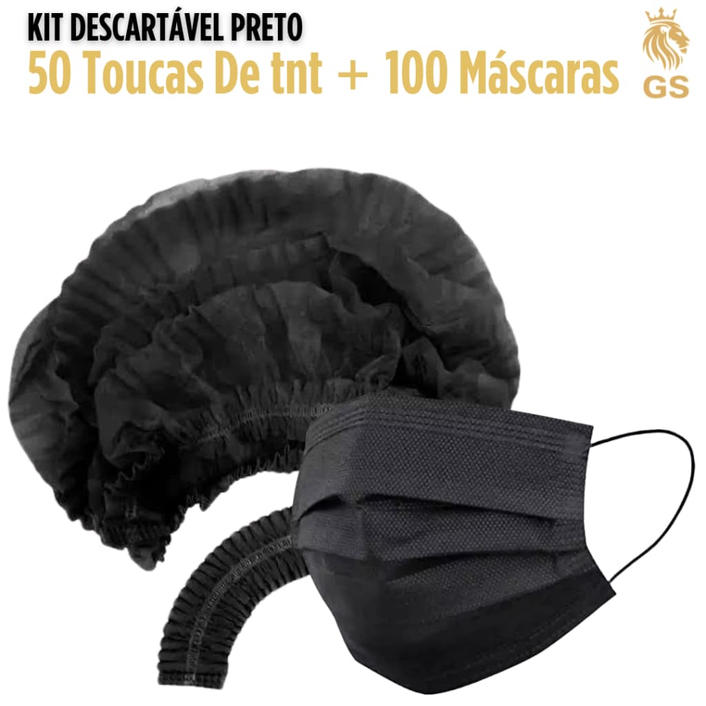 Kit 50 Toucas Preta Descartável + 100 Máscaras Descartáveis Preta Com Clipe Nasal TNT