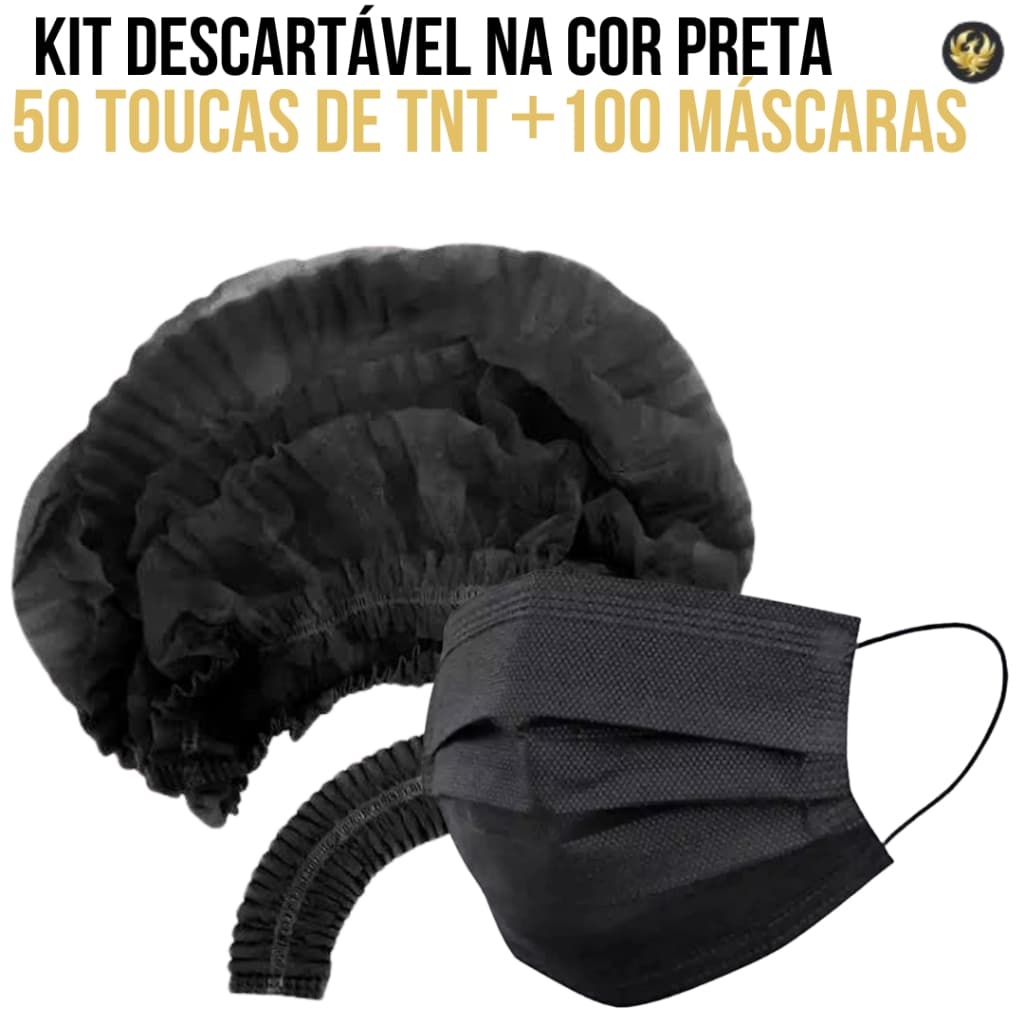 Kit 50 Toucas Descartável PRETA+ 100 Máscaras Descartáveis PRETA De Tnt Tripla Camada