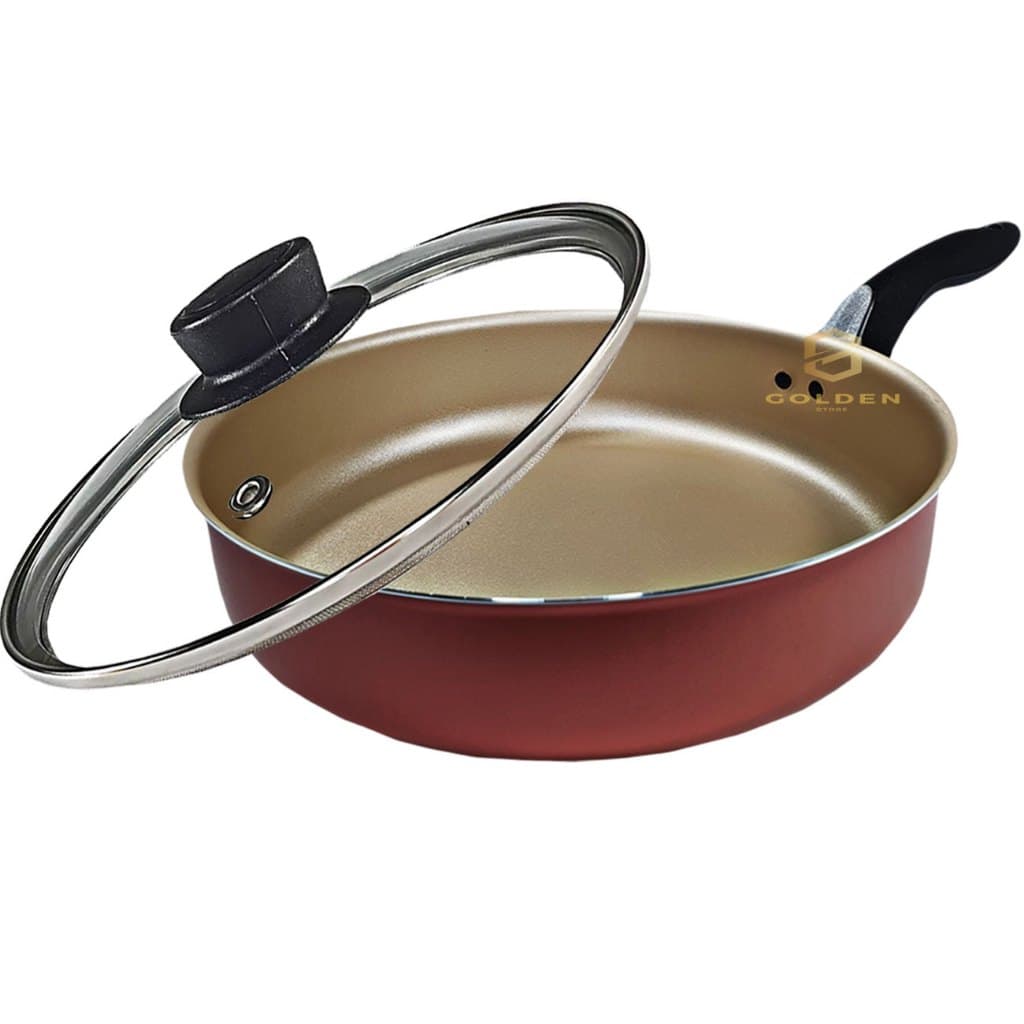 Frigideira Grande Alta Funda 24 cm Antiaderente Teflon Tampa de Vidro Espátula Nylon Cor Cereja Gold