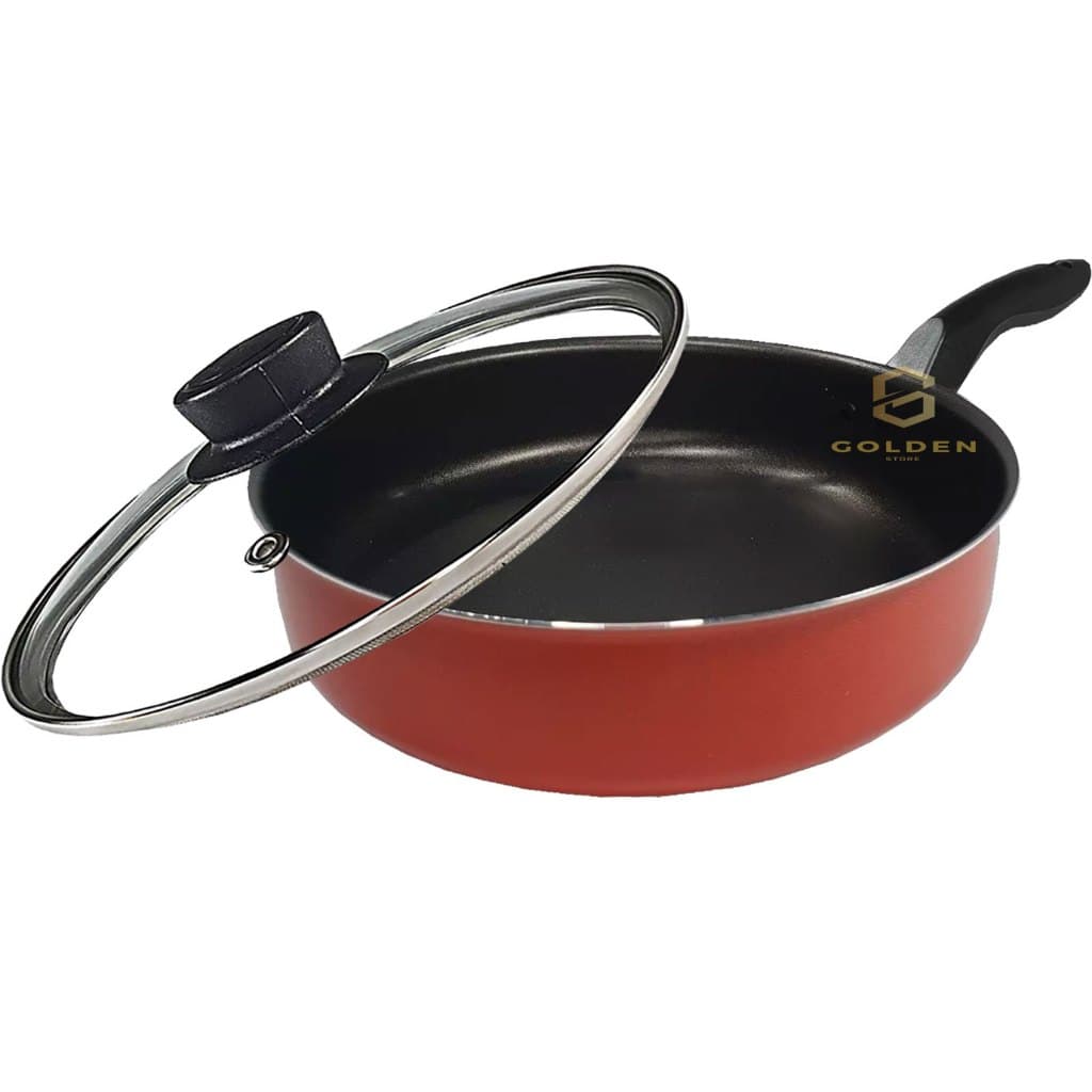 Frigideira Alta 18 cm Antiaderente Teflon com Tampa de Vidro e Espátula de Nylon Cor Vermelha