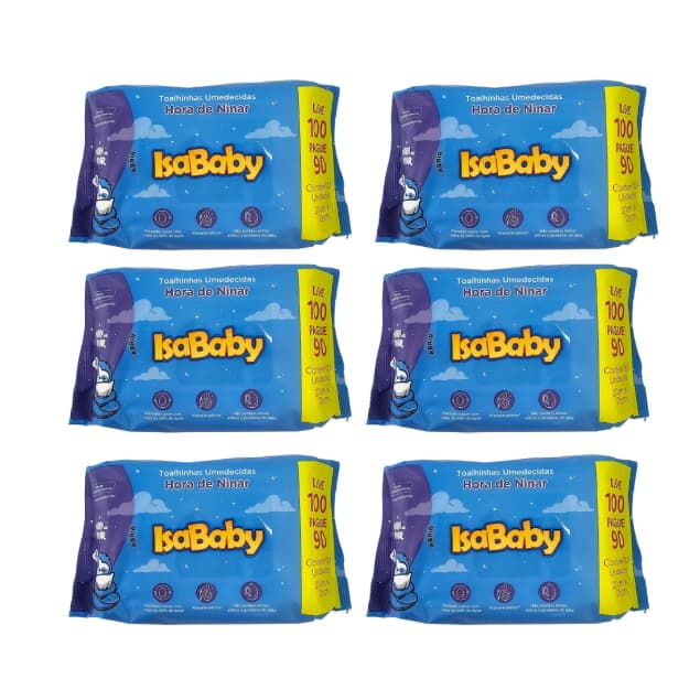 Kit 6x Toalhas Lenços Umedecidos Infantil Hora de Ninar Com 100 Unidades Isababy