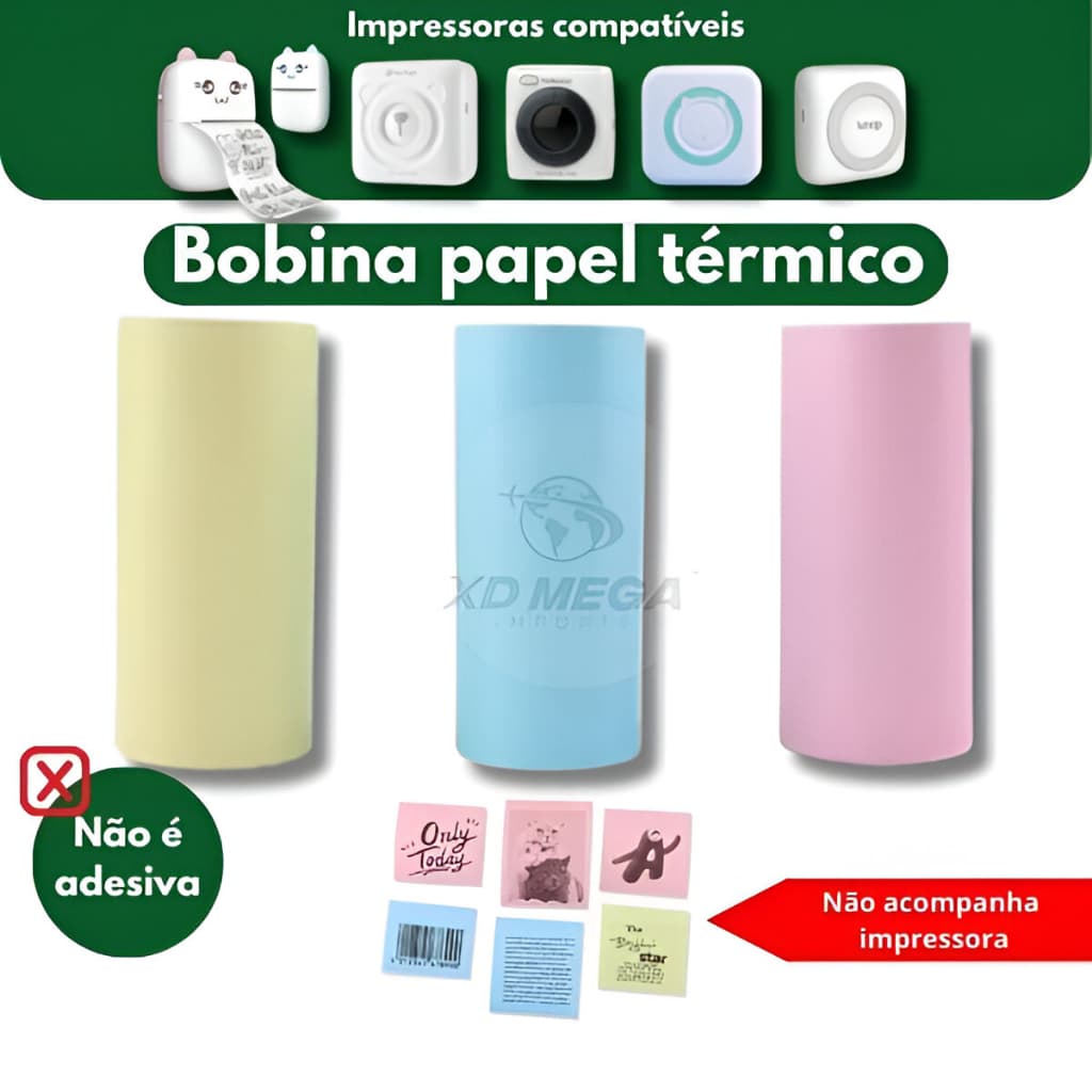 3 rolos bobina colorida mini impressora gatinho 57x30
