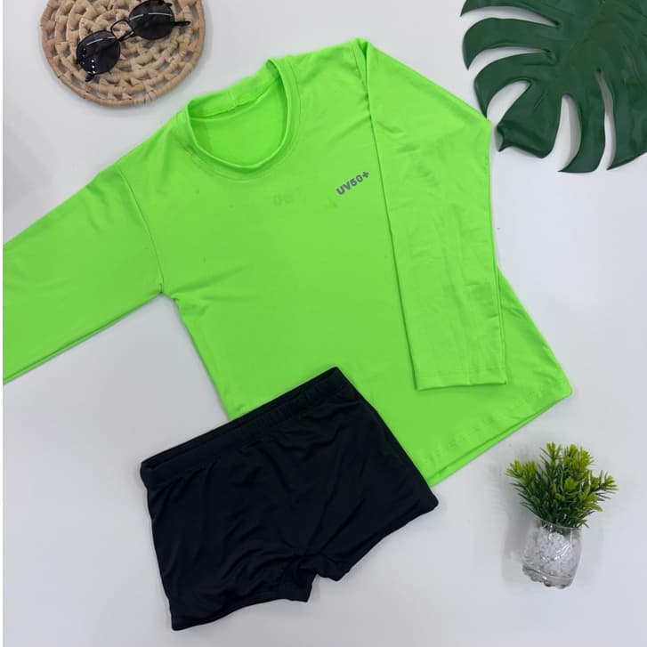 Conjunto Infantil Praia Piscina Camisa Blusa fator solar 50+ proteção uv + sunga com regulagem tam 2 ao 8