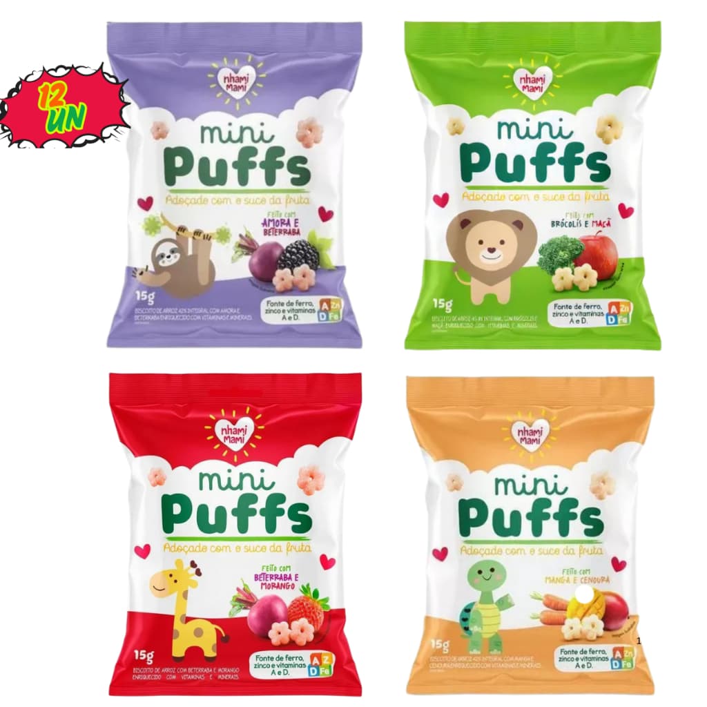 Mini Puffs Snack P/ Crianças Mix De Sabores 12 Unidades 15g