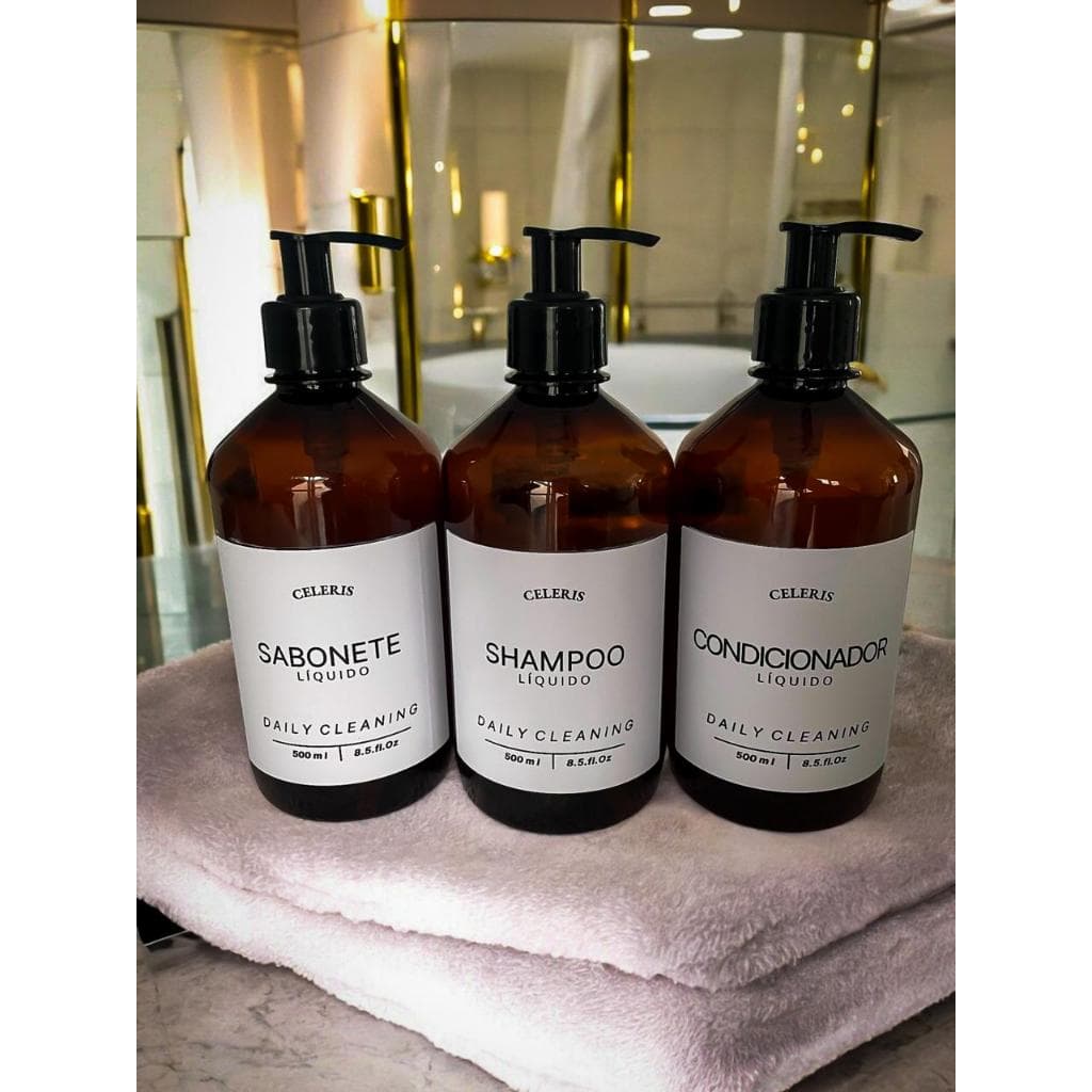 Kit 3 Dispensers Âmbar 500ml com Válvula Pump – Sabonete, Shampoo, Condicionador | Dispenser para Banheiro | Minimalista