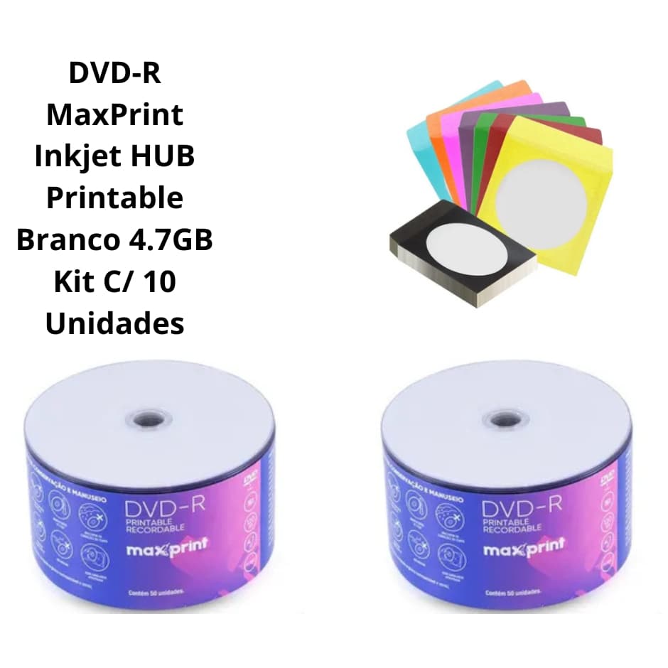 DVD-R MaxPrint Inkjet HUB Printable Branco 4.7GB Kit C/ 10 Unidades