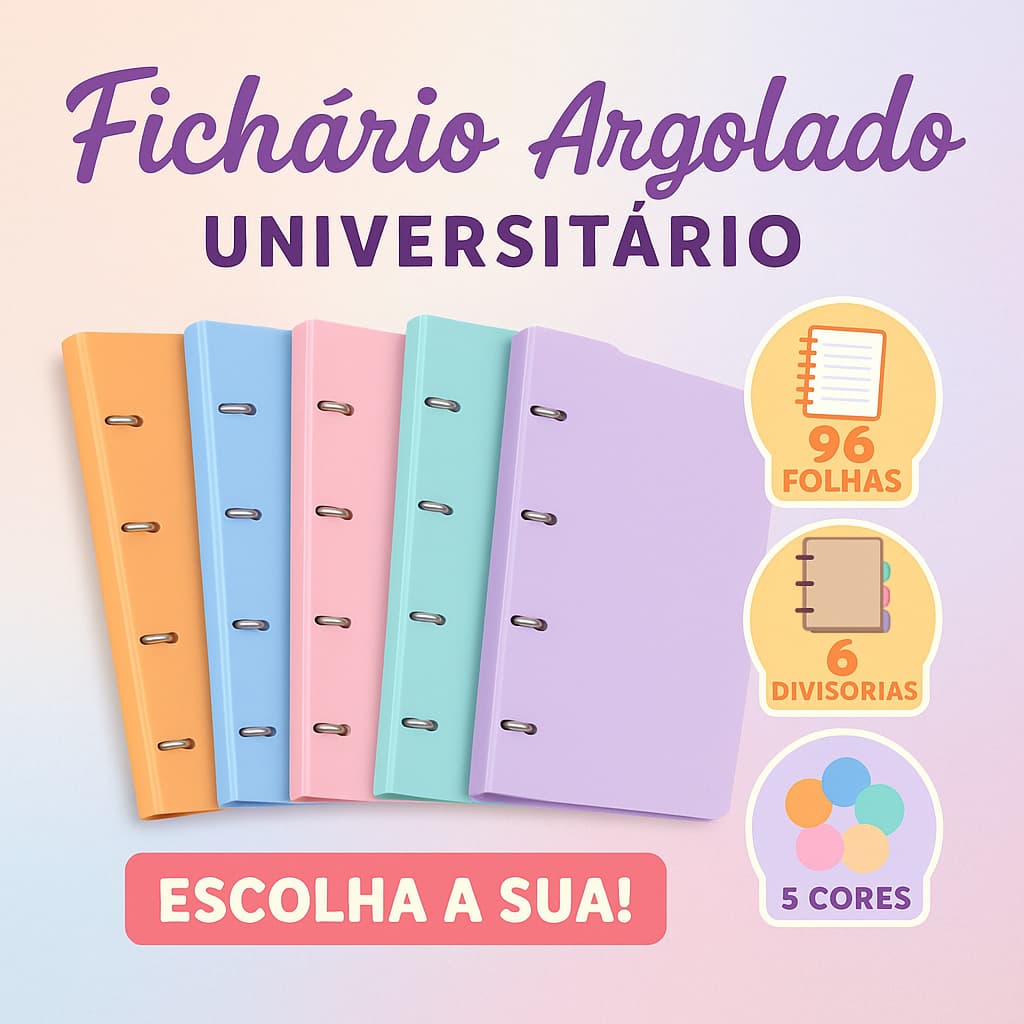 Fichário Argolado Cores Pastel Universitário Candy Sweet ACP 96 Folhas 6 Divisórias 4 Argolas