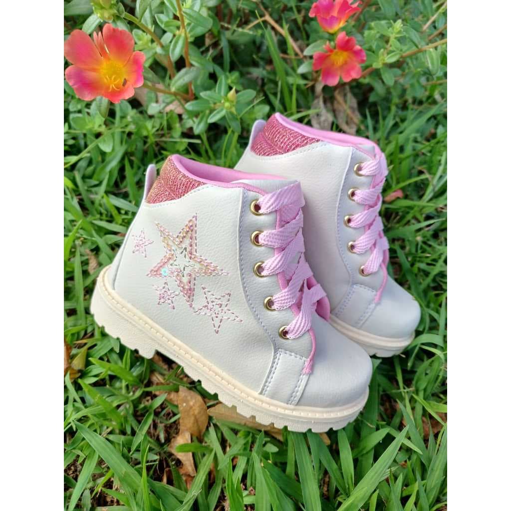 Bota Infantil Coturno Menina Cano Curto Rosa Estrelinhas Brilho Cadarço Conforto Moda Fofa
