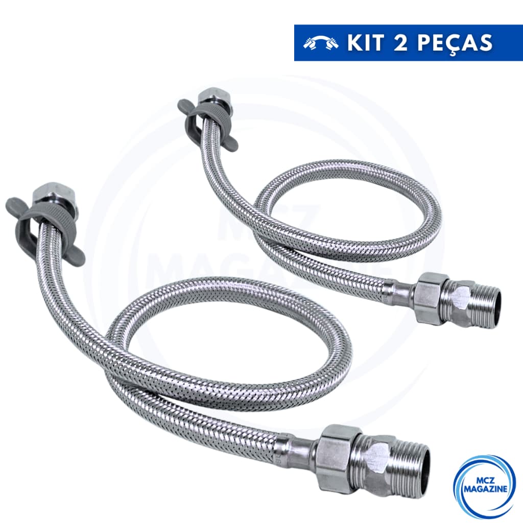 Kit Engate Rabicho Flexível Mangueira Aço Inox 60cm e 40 cm 1/2 Polegada Fêmea Banheiro Torneira Pia