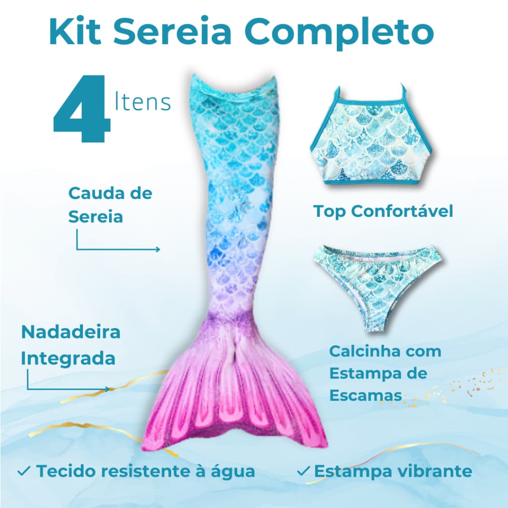 Cauda De Sereia + Nadadeira + Biquini completo (tam bebê-infantil-adulto)