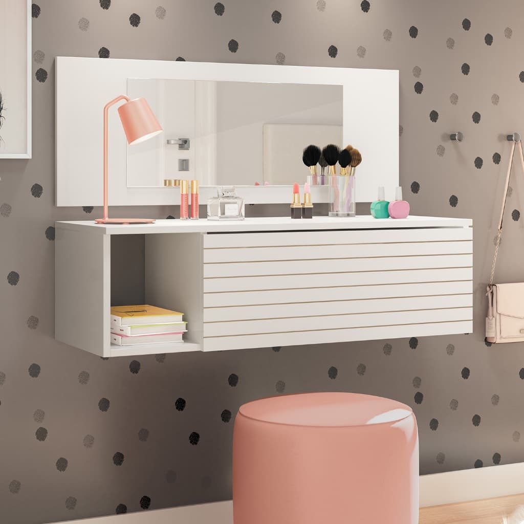Penteadeira Suspensa e Escrivaninha Joy Para Maquiagem E Decoração Com Espelho 1 Gaveta