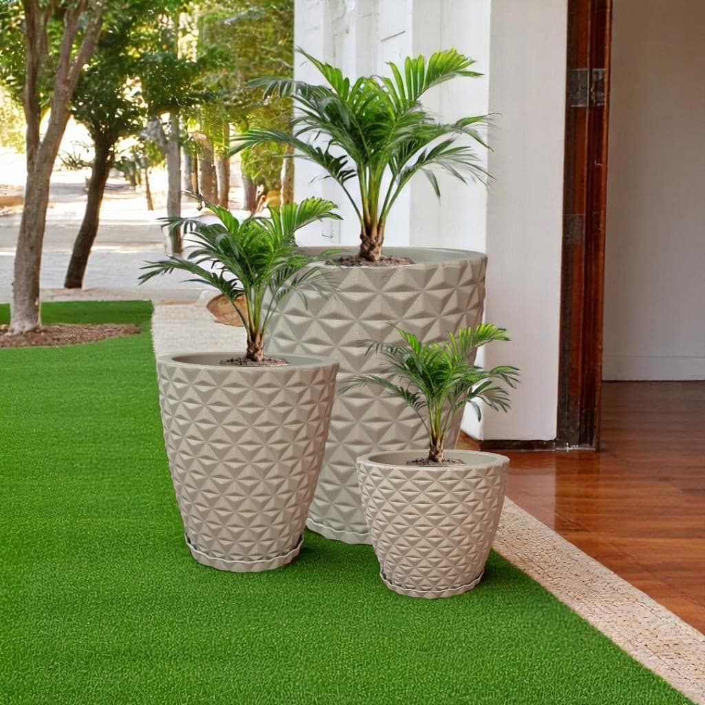 Kit 3 Vasos Planta Ou Flor Polietileno Cone Redondo Diamante 3D com pratos