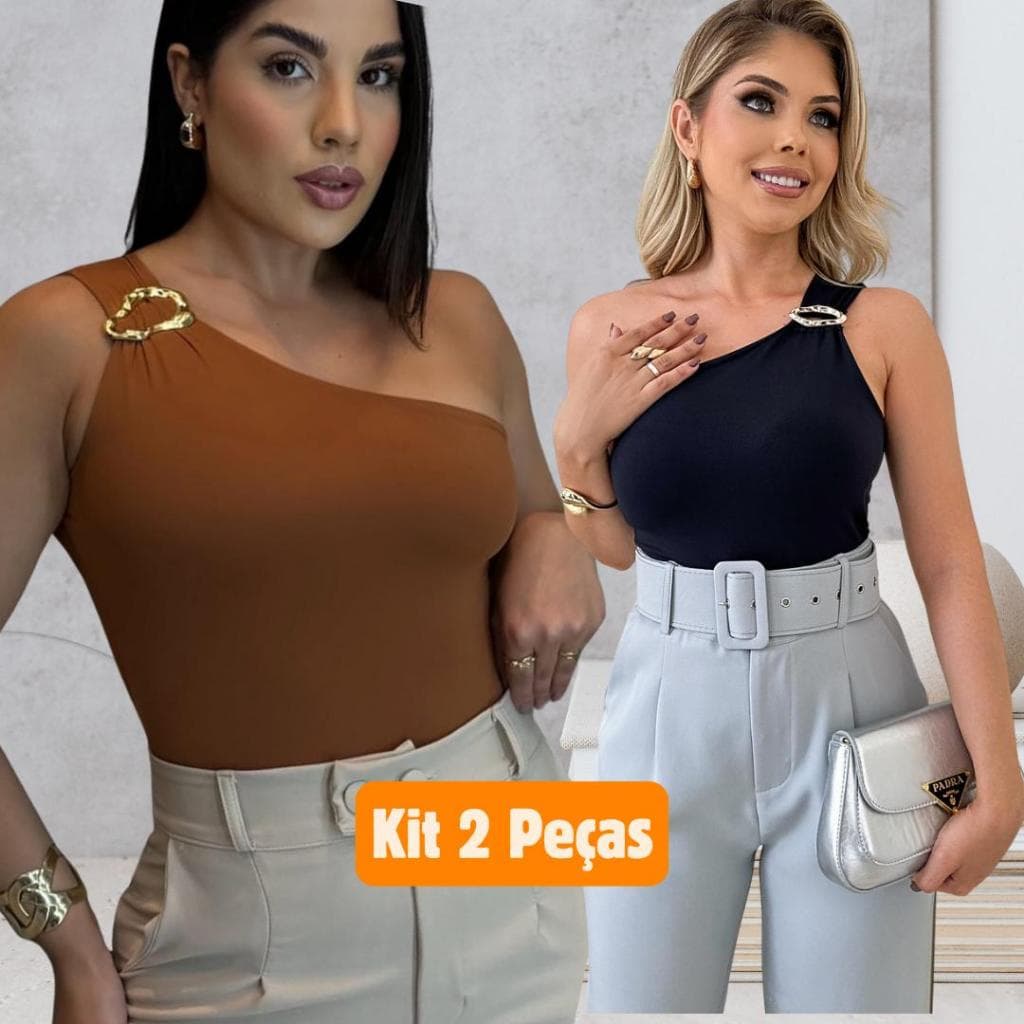 Kit 2 Blusas Feminina Nula Manga Argola Assimetrica Dourada Suplex Elegante Estilosa Mula Manca