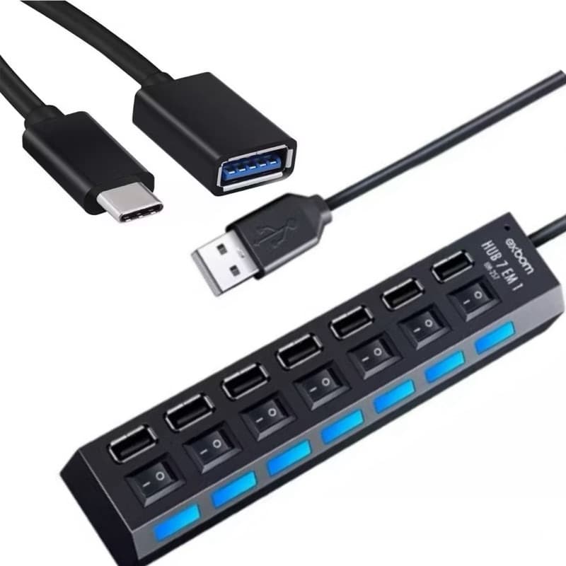 KIt Cabo OTG Tipo-C + HUB 7 Portas USB 2.0 com Switch e LED Indicador Exbom Original