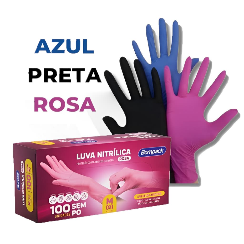Kit 100 luvas nitrílicas sem pó antialérgica resistente nitrilo com C.A escolha a cor