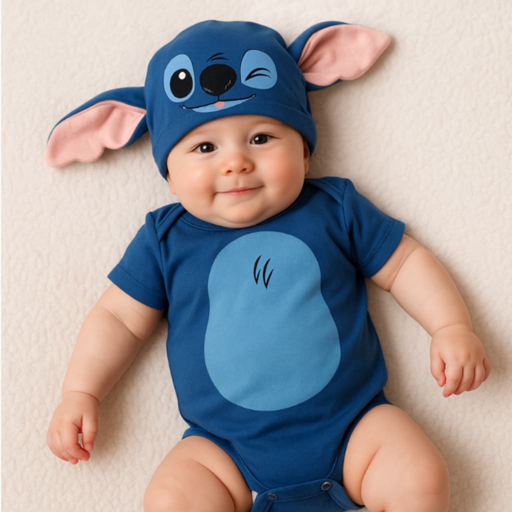 Body Bebê Lilo + Touca 100% Algodão Temático Mesversário Kit 2 Peças