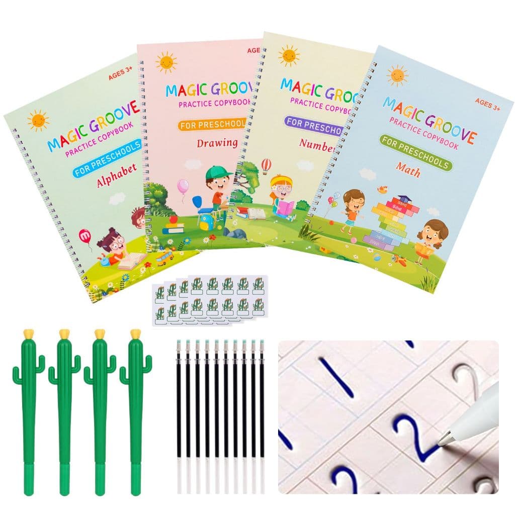Kit 4 Cadernos de Caligrafia Mágico Grande Infantil com Caneta Invisível