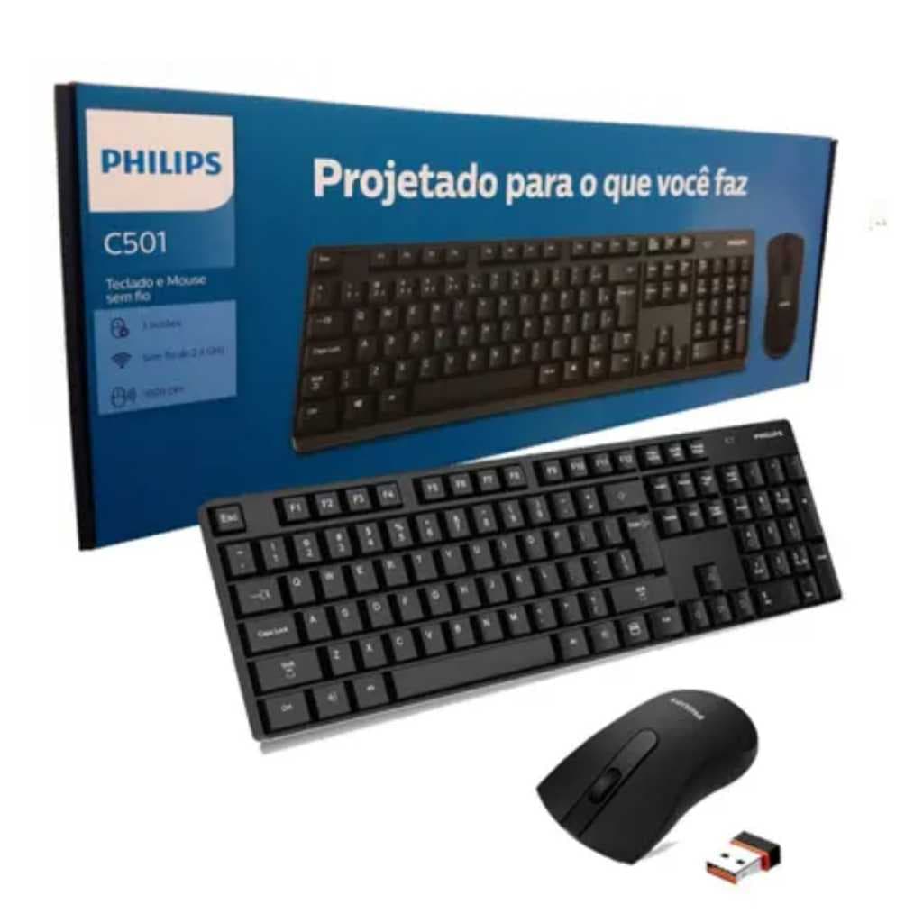 Kit Teclado E Mouse Philips Wireless Modelo C501 Abnt2 Cor Preto Original