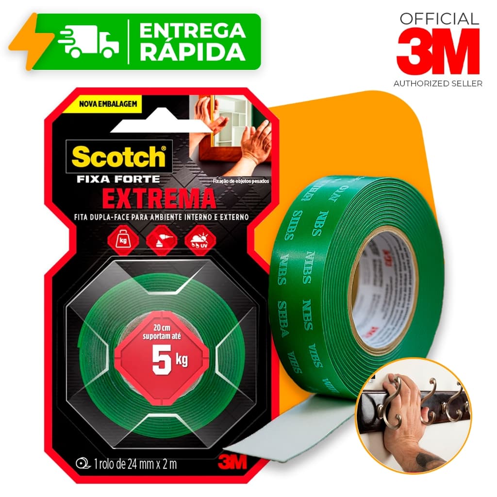 Fita Dupla Face 3M Original Extrema Fixa Forte 24mm X 2m Para Parede Fixa Quadro Espelho 5kg Scoth