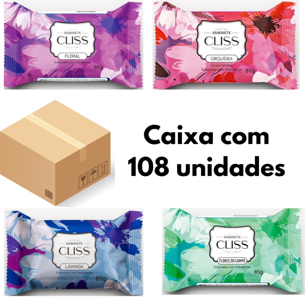 Caixa com 108 un Sabonete CLISS Floral, Flores do Campo, Orquídea e Lavanda.