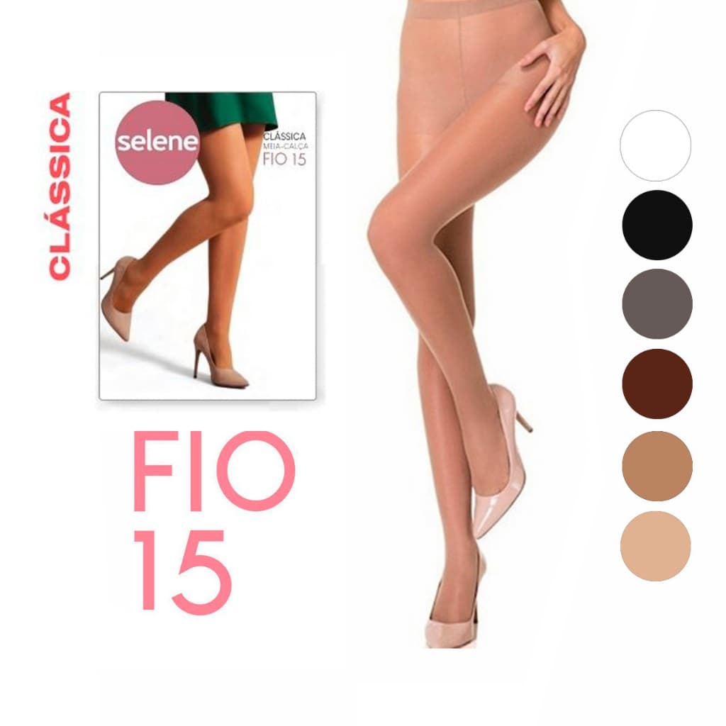 Meia Calça Fina Translúcida Selene Fio 15 Clássica Básica Cor Branca Preto Bege Marrom