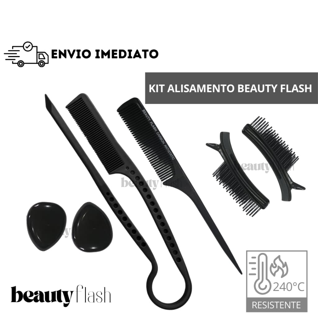 Kit Alisamento Beauty Flash Pente Alisador Cabelo Para Auxiliar Chapinha Clips e Protetor de Orelhas