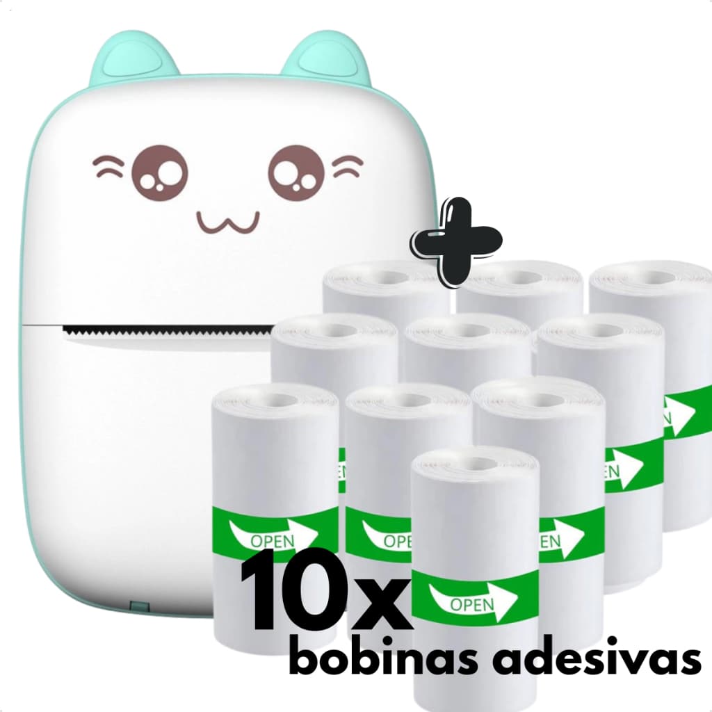 Mini Impressora Portátil Gatinho + 10 Rolos Papel Adesivo Continuo Termico