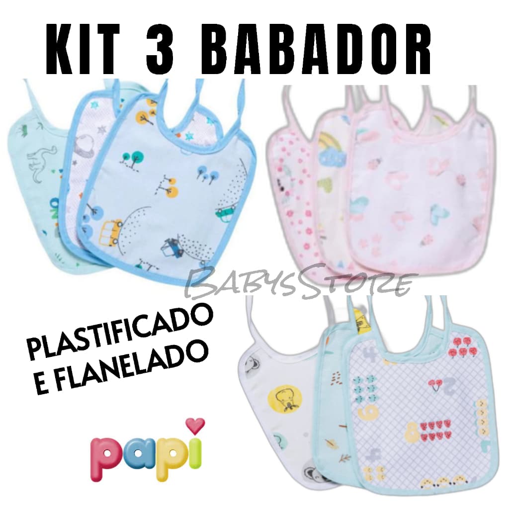 BABADOR FLANELADO E PLASTIFICADO ESTAMPADO KIT 3 UNIDADES BEBÊ PAPI KARINHO